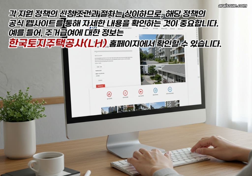 각 지원 정책의 신청 조건과 절차는 상이하므로, 해당 정책의 공식 웹사이트를 통해 자세한 내용을 확인하는 것이 중요합니다. 예를 들어, 주거급여에 대한 정보는 한국토지주택공사(LH) 홈페이지에서 확인할 수 있습니다.