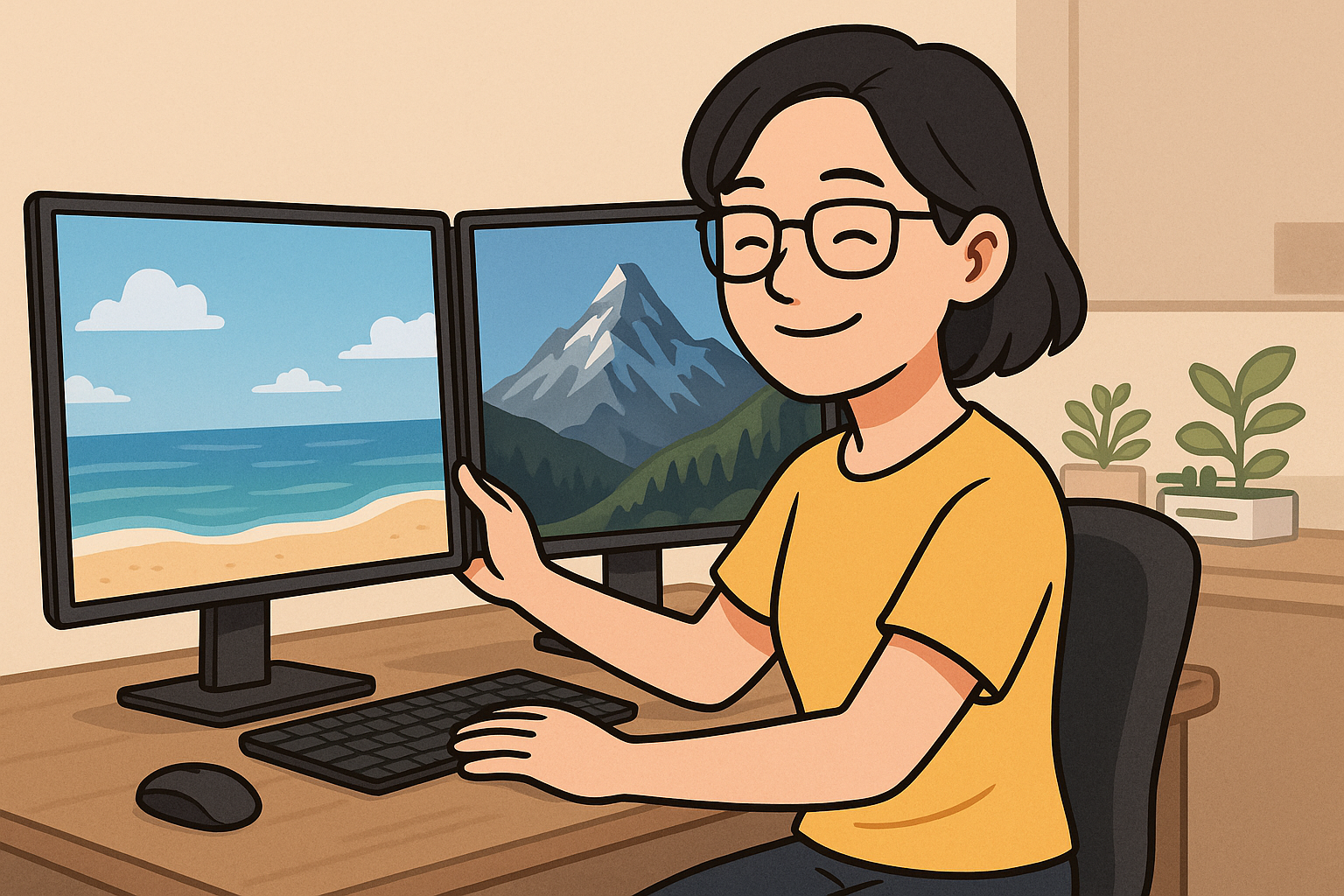 듀얼 모니터, 배경도 각자 스타일로!
한쪽은 해변, 다른 한쪽은 산—기분 따라 바꾸는 나만의 작업 환경