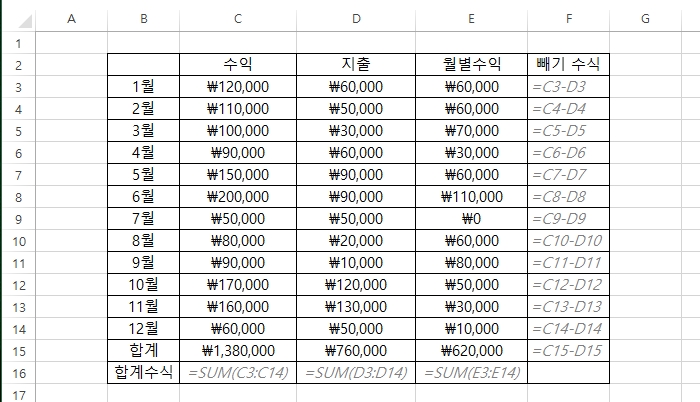 엑셀-더하기-빼기-합계-구하기