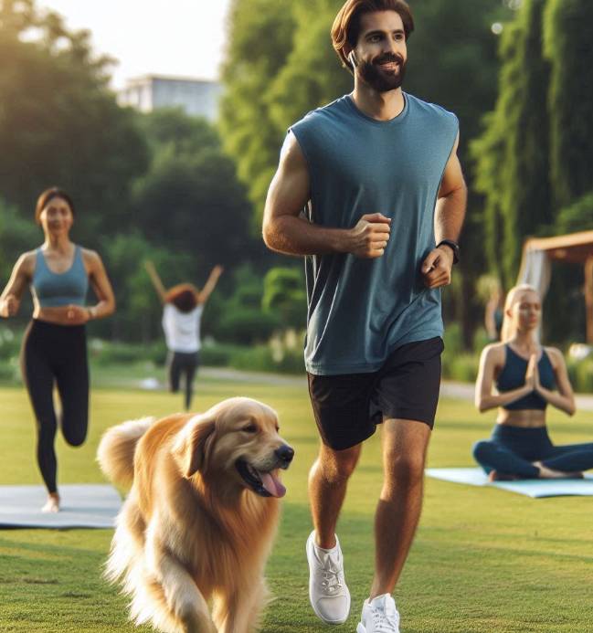 한 남성이 반려견과 함께 조깅을 하고 있다.