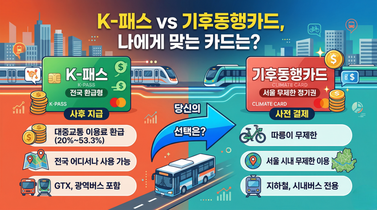 2026년 K-패스와 기후동행카드의 혜택 비교 인포그래픽. 왼쪽은 전국구 환급을 상징하는 K-패스 카드와 GTX 아이콘, 오른쪽은 서울 무제한 이용을 상징하는 기후동행카드와 따릉이 아이콘이 배치되어 있습니다.