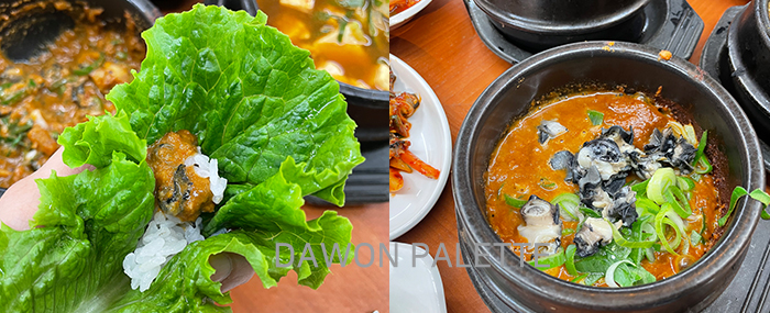 푸른-상추에-우렁이쌈을-싸서-촬영한-사진과-우렁이장을-근접사진으로-촬영한-이미지