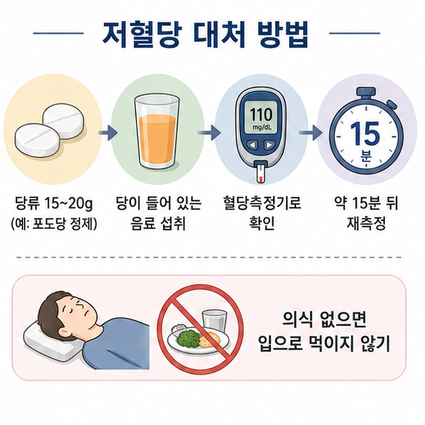 저혈당 때 빠르게 흡수되는 당류 15~20g을 섭취하고 약 15분 뒤 혈당을 다시 확인하며 의식이 없으면 음식을 먹이지 않아야 함을 설명한 이미지