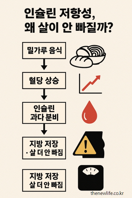 A vertical infographic showing how eating refined carbs raises blood sugar, triggers excess insulin, and causes fat storage, leading to insulin resistance and difficulty losing weight./정제 탄수화물 섭취 → 혈당 상승 → 인슐린 과다 분비 → 지방 저장 → 인슐린 저항성 발생 → 살이 빠지지 않는 몸이 되는 과정을 시각화한 흐름도