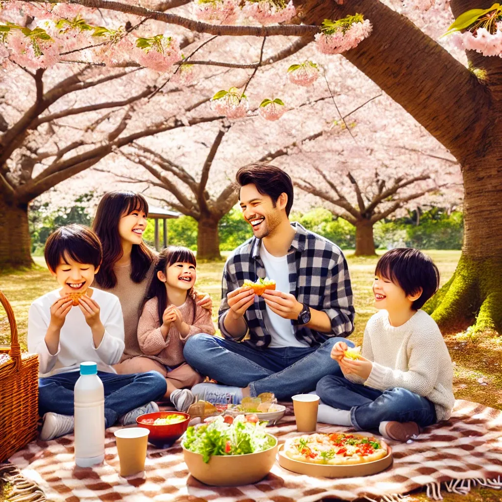 가족이 후쿠오카 공원에서 벚꽃 나무 아래서 소풍을 즐기는 모습.