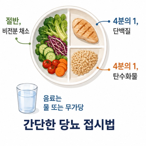 접시의 절반을 비전분 채소, 4분의 1을 단백질, 나머지 4분의 1을 탄수화물로 구성하는 당뇨 접시법을 보여 주는 그림