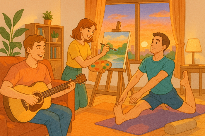 퇴근 후 취미 활동(악기, 그림, 운동)을 즐기는 20대