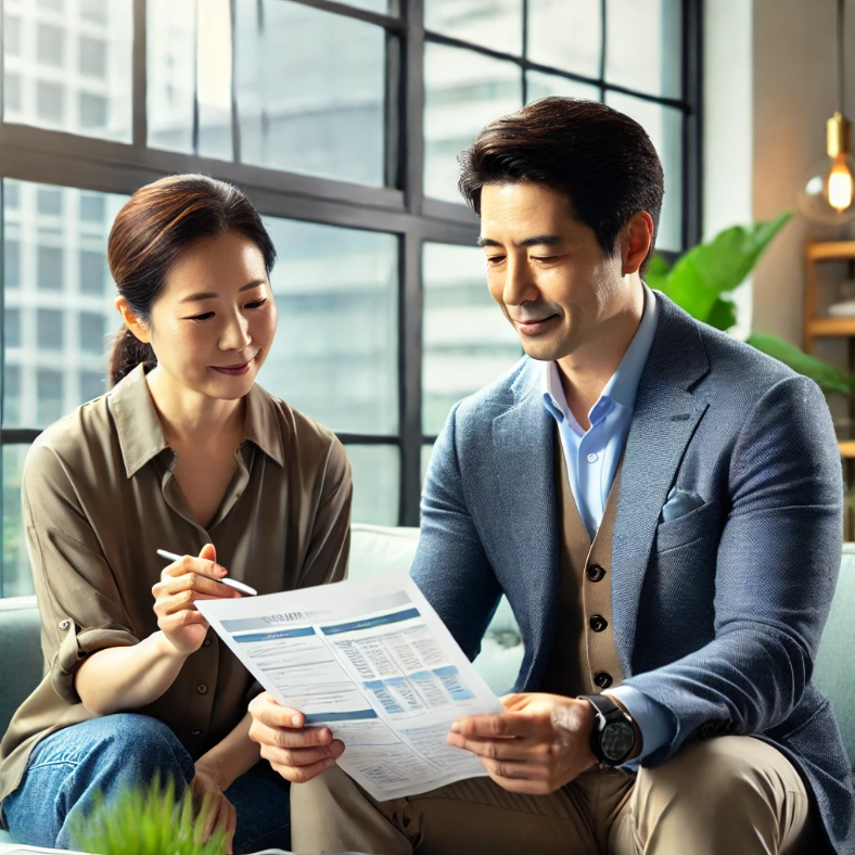 전문적인 환경에서 연금 상담을 받고 있는 중년의 남성.