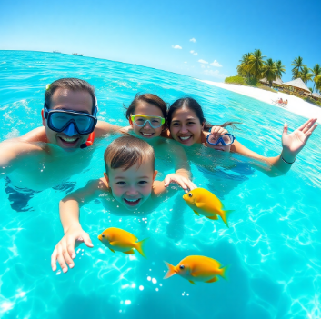 해외여행에서 스노쿨링하고 있는 가족 사진