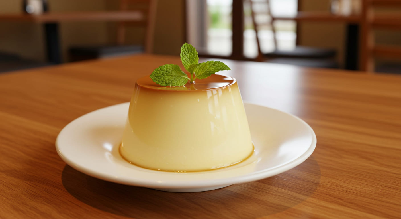 고베 푸딩&amp;#44; 작은 디저트 접시에 담긴 크림 푸딩과 민트로 장식된 모습