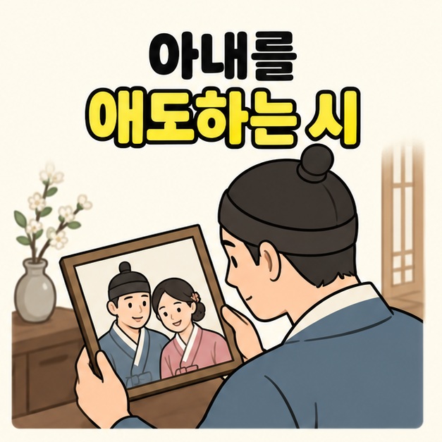 아내를 애도하는 시라는 문구 아래 전통 옷차림의 남성이 부부 모습이 담긴 액자를 바라보는 그림