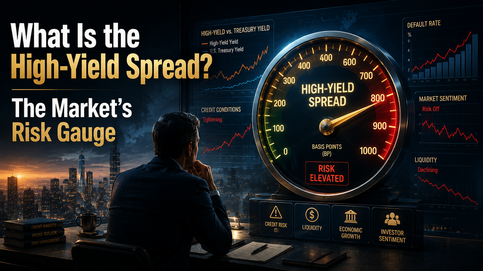 High-yield bond spread visualized as a market risk gauge with a glowing financial dashboard and cinematic city skyline.