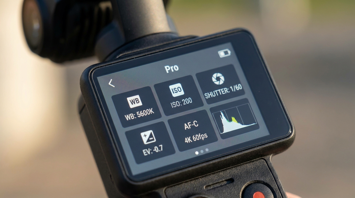 시네마틱한 영상을 위해 오즈모포켓 4에서 조절해야 할 프로 모드 상세 화면