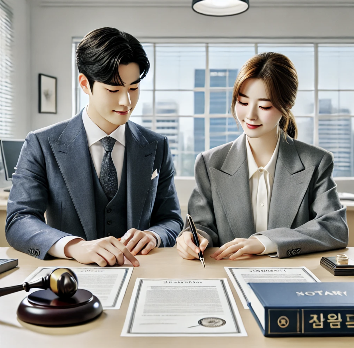 공증 사무소에서 상속 서류에 서명하는 부부