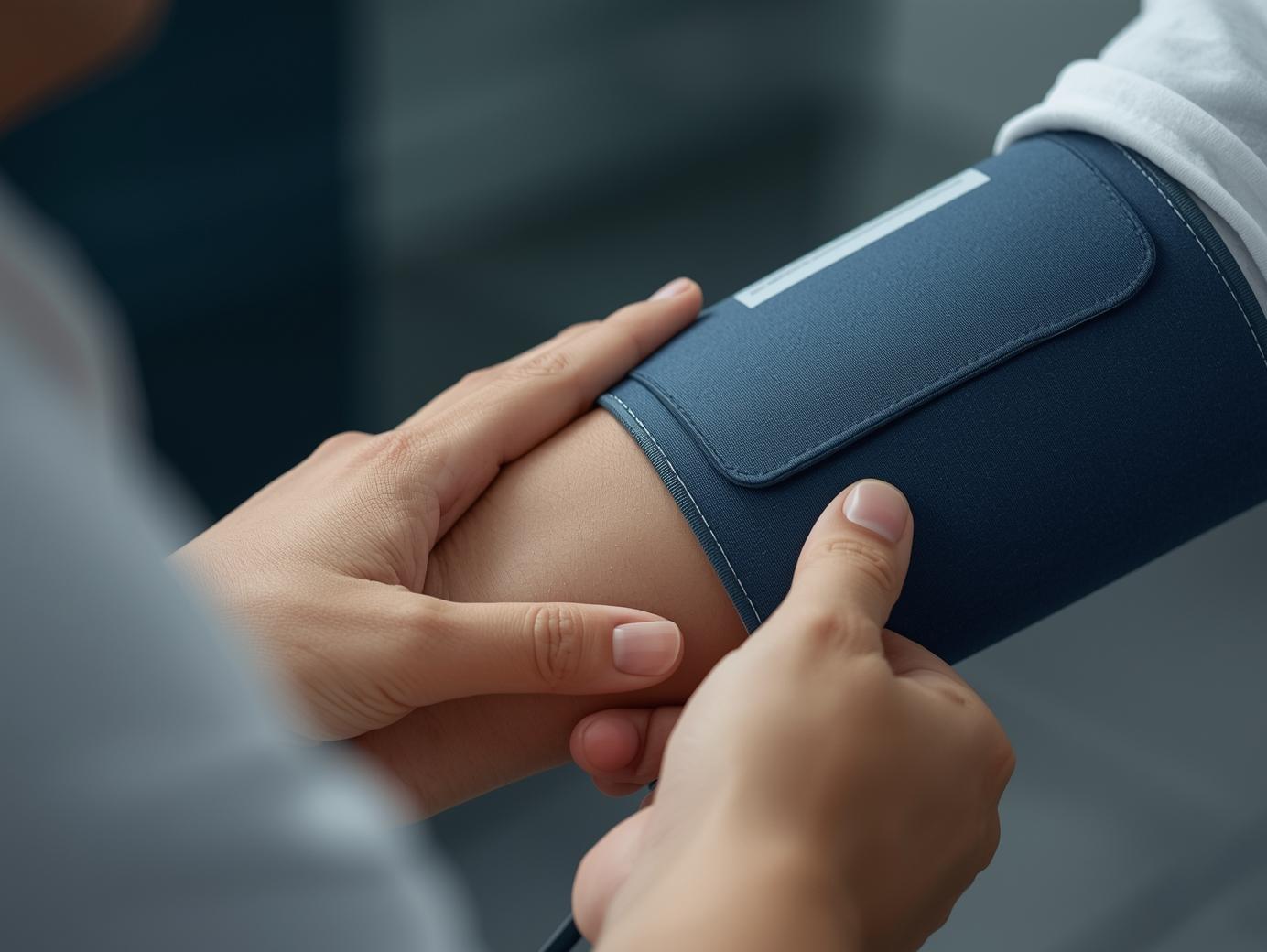 혈압측정을 위해 혈압계를 장착하는 모습