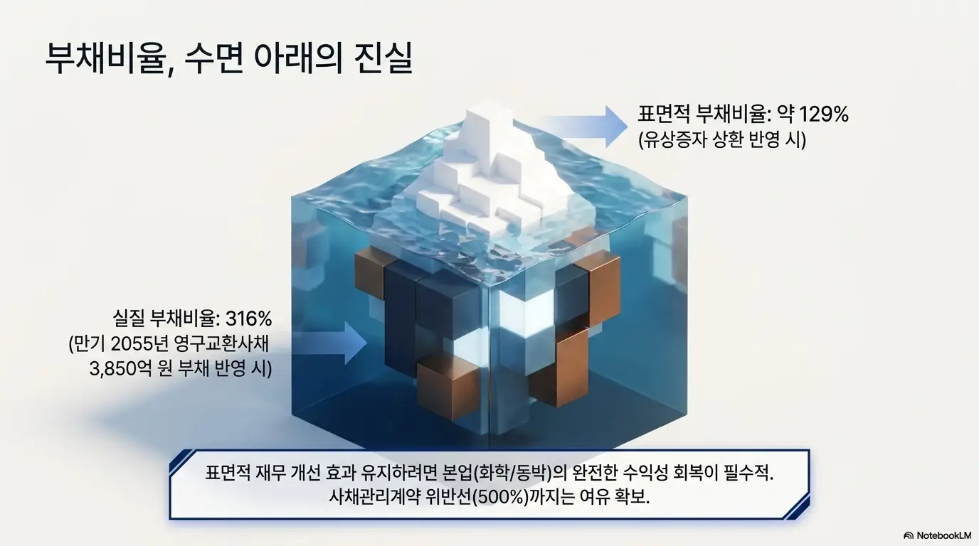  SKC 부채비율의 표면과 실질 차이를 빙산으로 표현한 이미지. 표면적 부채비율은 약 129퍼센트지만 만기 2055년 영구교환사채 3&amp;#44;850억 원을 부채로 반영하면 316퍼센트로 올라간다는 점을 강조함. SKC 재무제표의 숨은 부담을 시각적으로 설명함. 