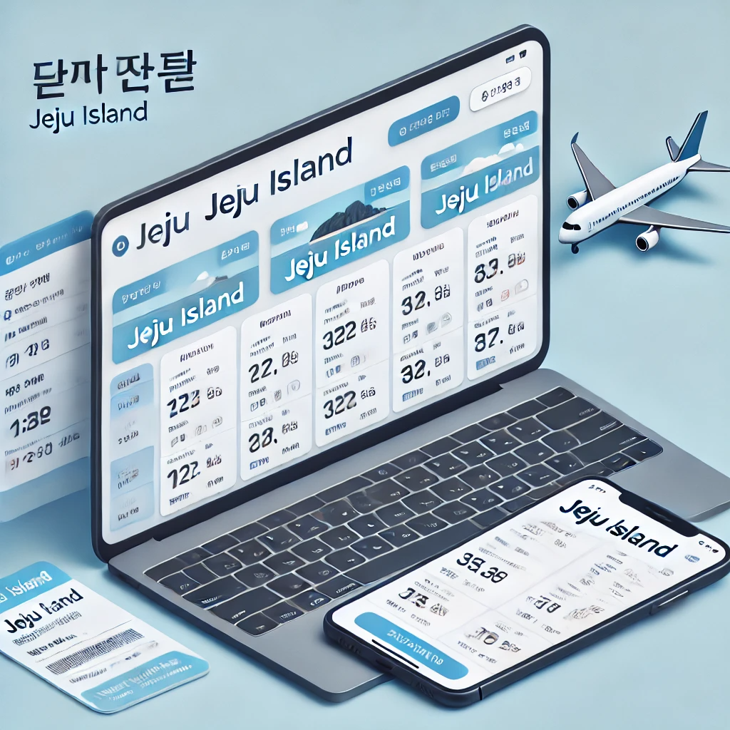 제주도 항공권을 예약할 수 있는 깔끔한 인터페이스, 노트북과 스마트폰 화면에서 한국어로 표시된 항공편 정보