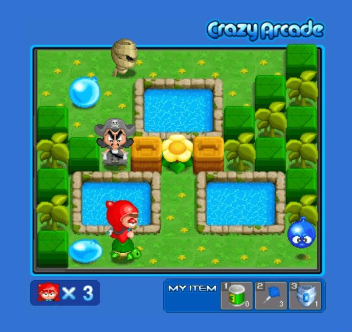 미니크아-크레이지아케이드-플래시게임-플레이-배찌가-거북이-아이템을-사용하는-화면
