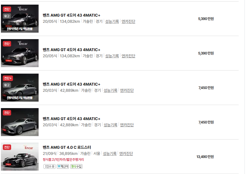 벤츠 AMG GT 43 63 중고차 가격 시세표 유지비
