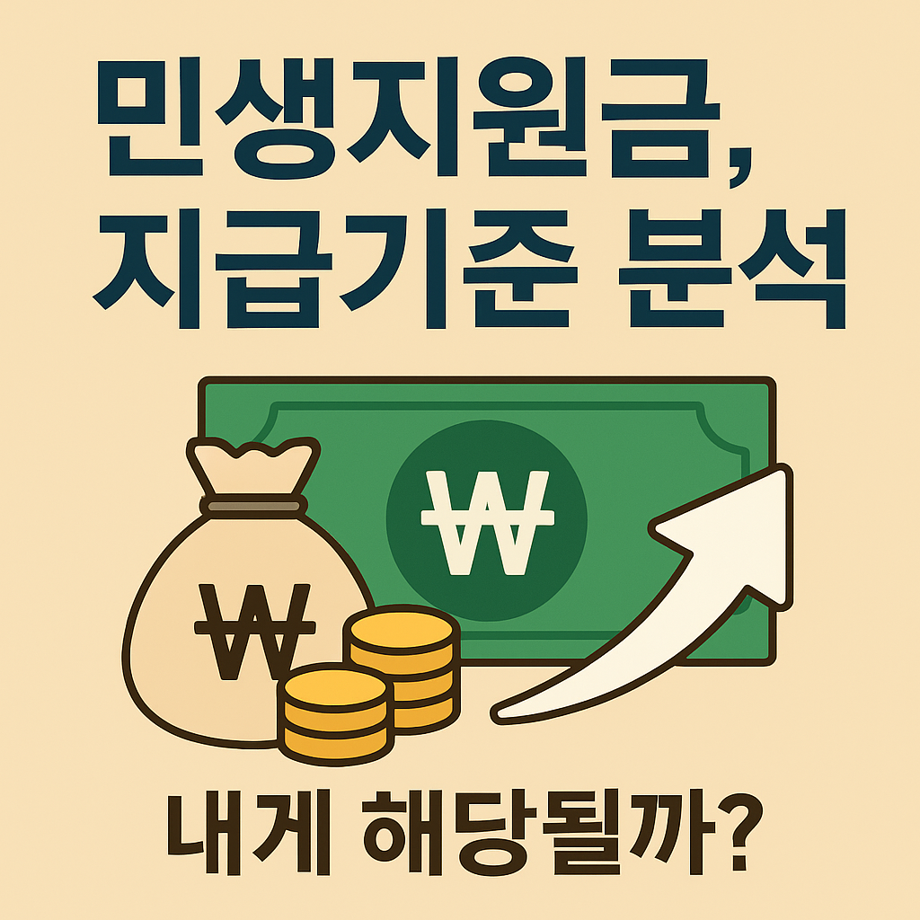 민생지원금 지급기준 분석을 표현한 돈 봉투, 화폐, 상승 화살표 아이콘