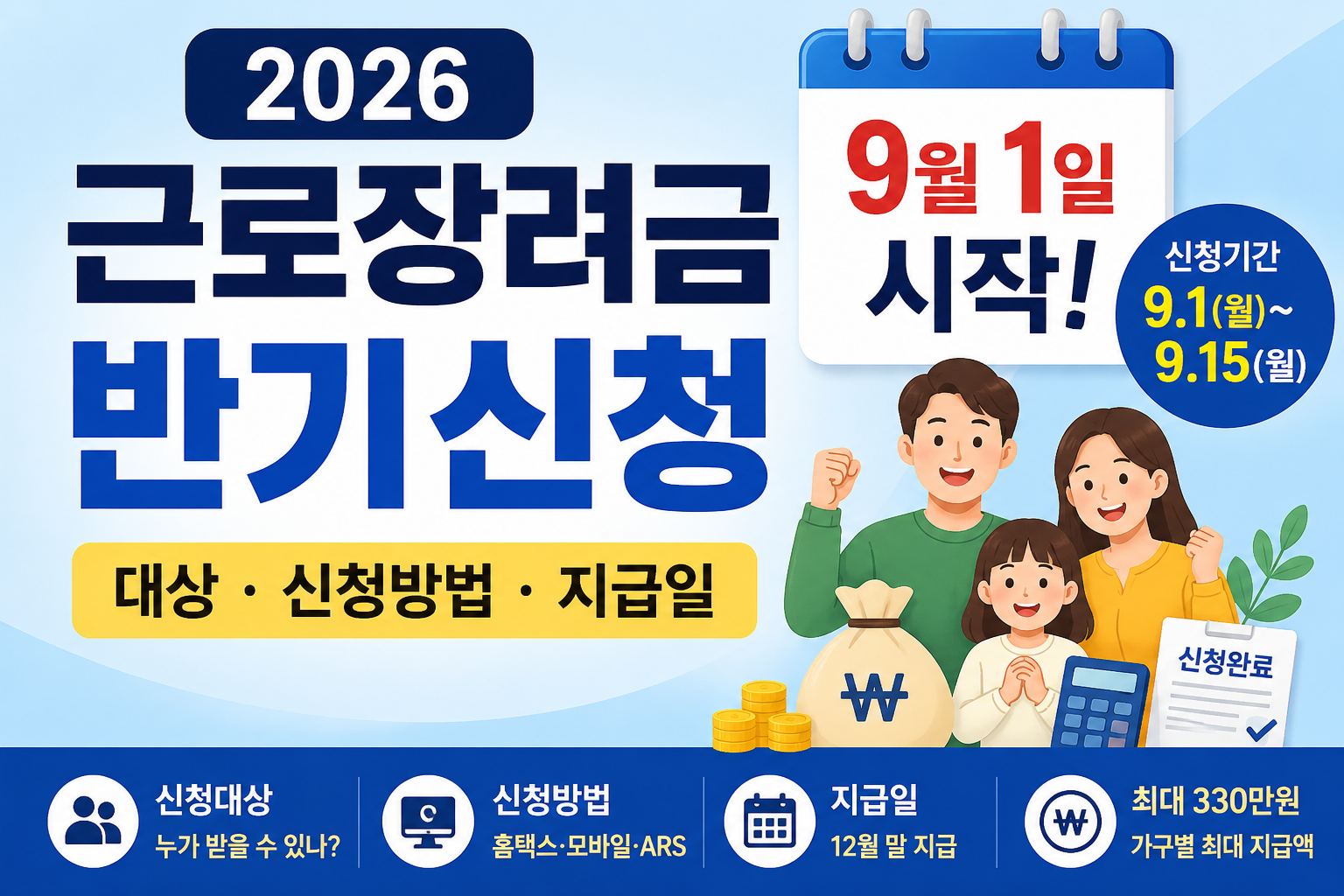 2026 근로장려금 반기신청 9월 1일 시작 신청대상 신청방법 지급일 안내