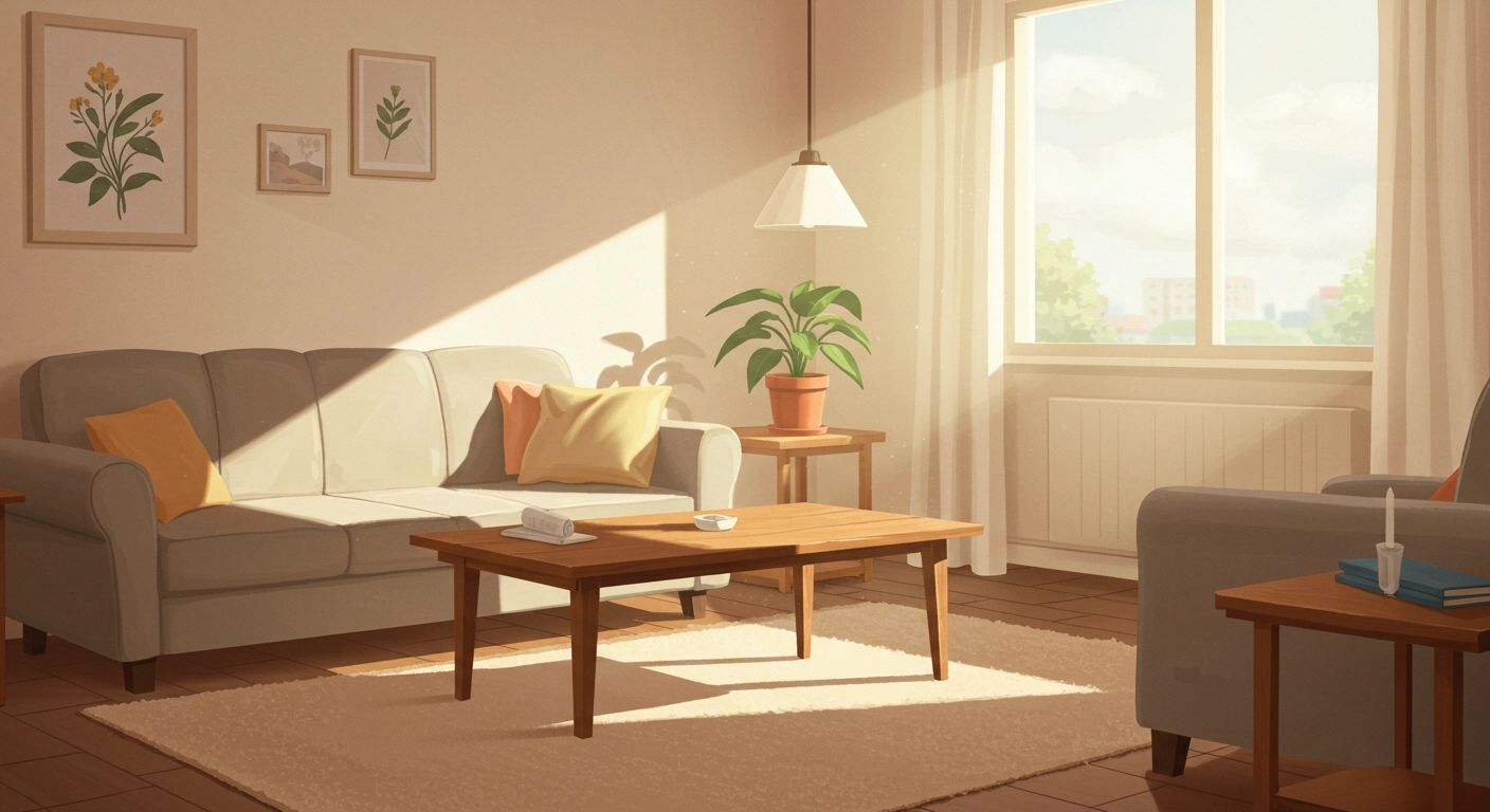 식물이 놓인 햇살 가득한 거실 모습