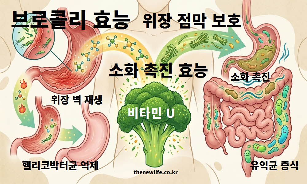 브로콜리 효능의 위장 점막 보호 및 소화 촉진 작용을 설명하는 이미지