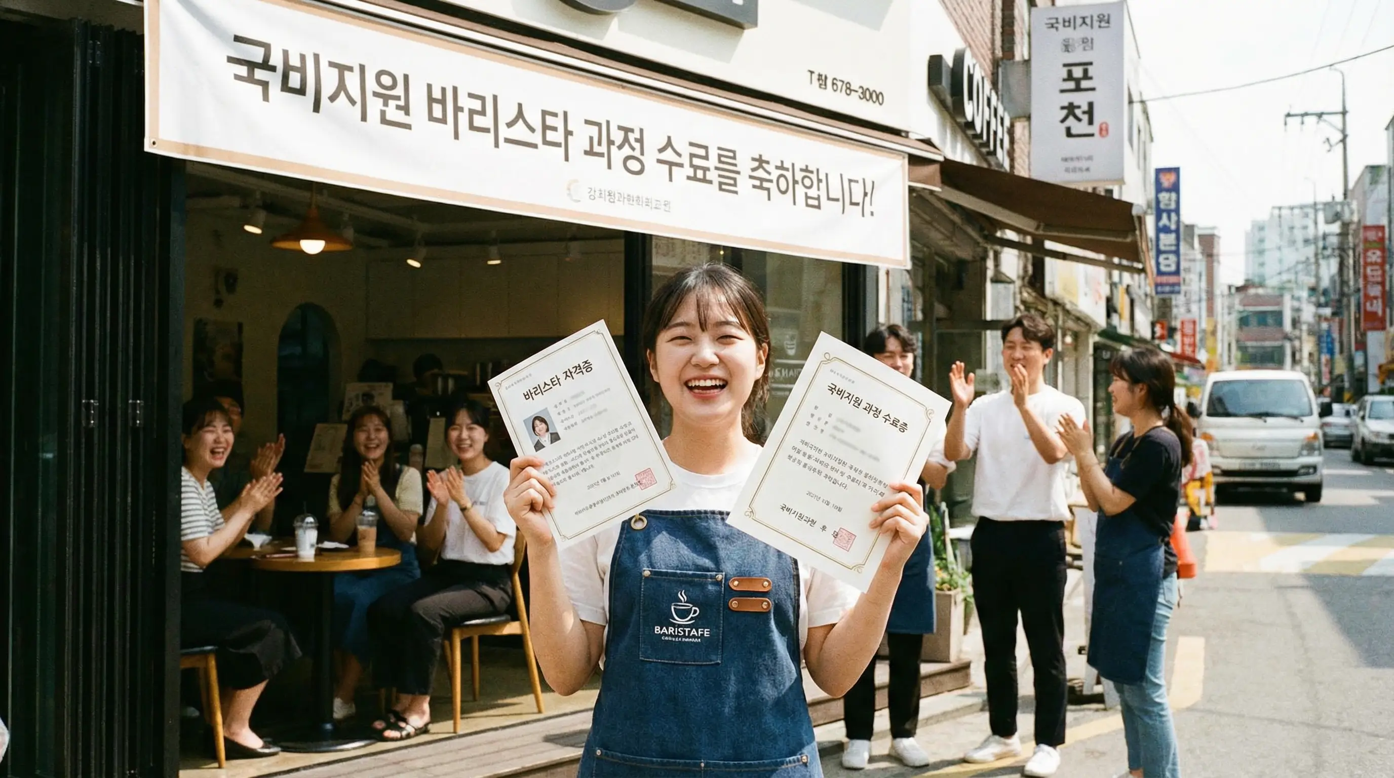국비지원 과정을 수료하고 바리스타 자격증을 손에 든 채 밝게 웃으며 카페 앞치마를 두른 수강생의 모습