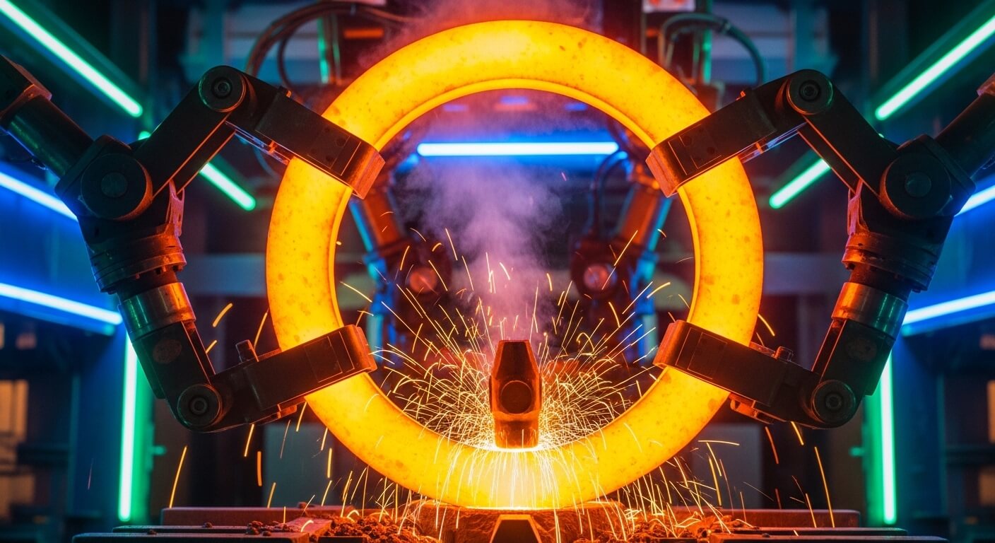 거대한 둥근 단조제품을 단련하고 있다