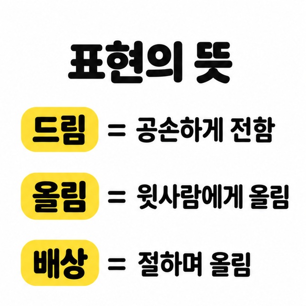드림은 공손하게 전함 올림은 윗사람에게 올림 배상은 절하며 올림을 뜻하는 의미 비교 도식