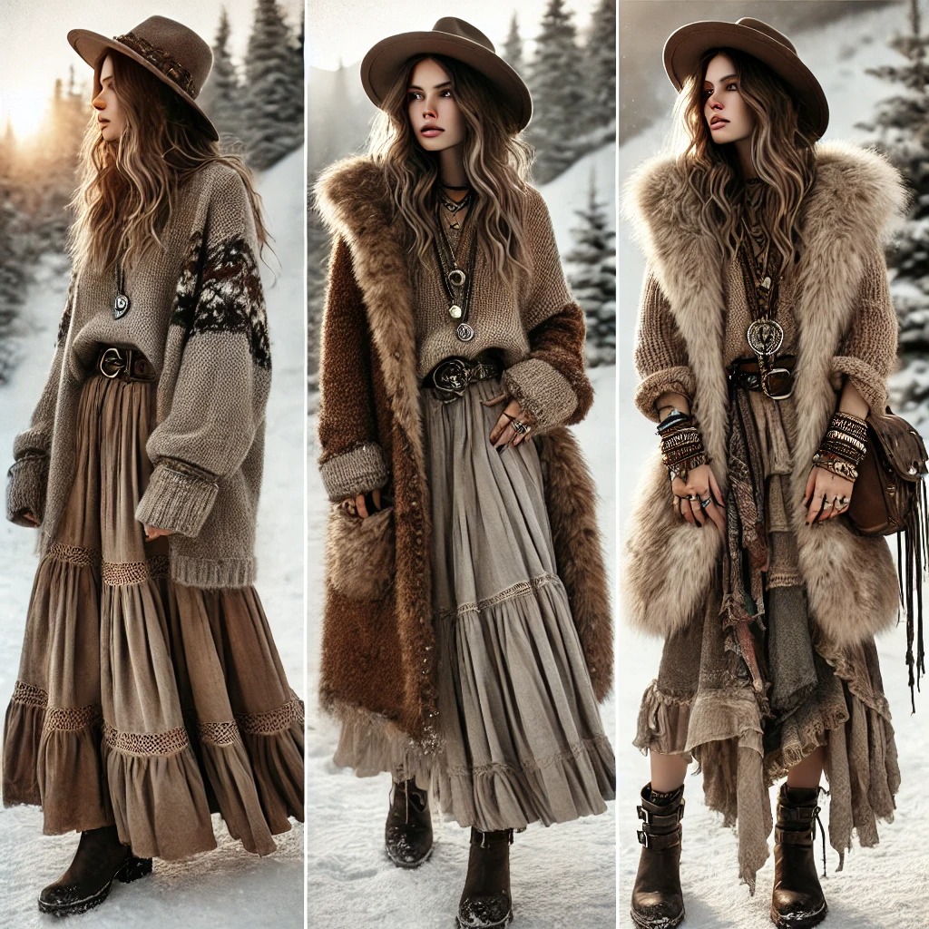보헤미안에서 영감을 받은 겨울 패션 룩의 이미지, 추운 계절에 딱 맞는 아늑하고 세련된 분위기의 흙빛 톤의 겹겹이 옷