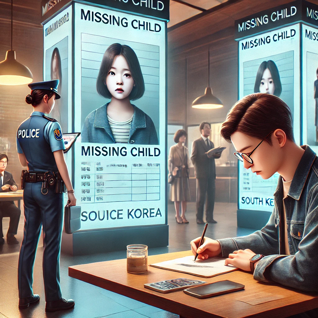 &quot;한국의 실종아동 경보 장면을 담은 현실적인 삽화. 걱정스러운 표정의 부모가 경찰서에서 아동 실종 신고를 하고 있으며, 경찰관이 세부 사항을 기록하고 있다. 배경에는 디지털 스크린에 실종아동의 사진과 정보가 표시되며, 주변 사람들이 이를 바라보고 있는 모습이 그려져 있다. 따뜻하면서도 긴장감 있는 분위기의 현대적 장면.&quot;