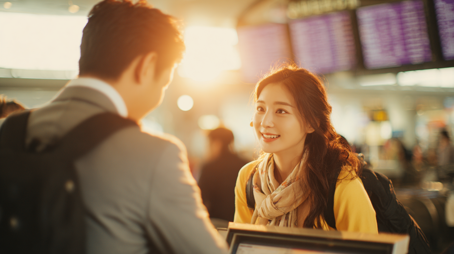 공항 카운터에서 수하물 요금 안내를 듣고 놀라는 한국인 승객
