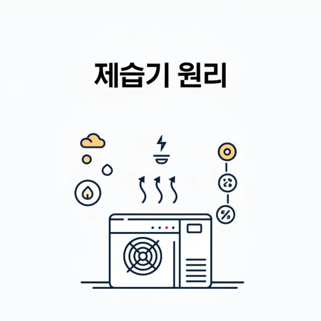 냉매식과 제습제식 제습기의 작동 원리를 그림으로 설명하는 이미지