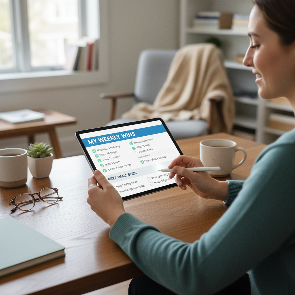 디지털 플래너에 작고 명확한 목표를 설정하는 사람