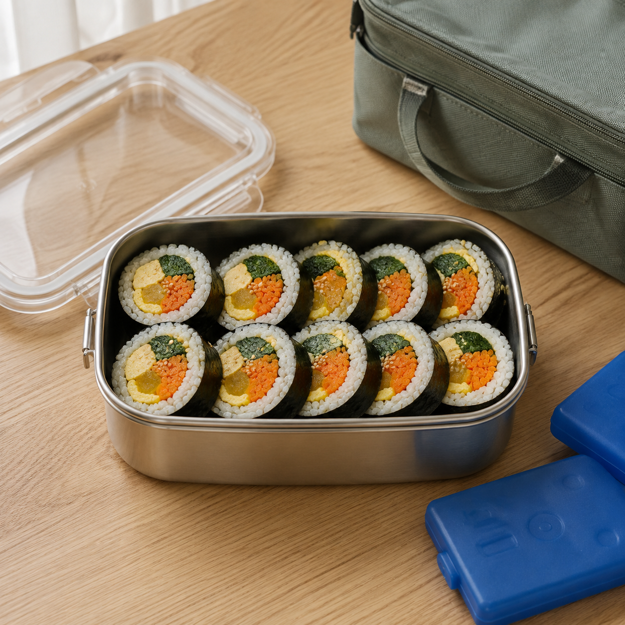 보냉가방과 아이스팩 옆에 놓인 달걀&middot;채소 김밥 도시락