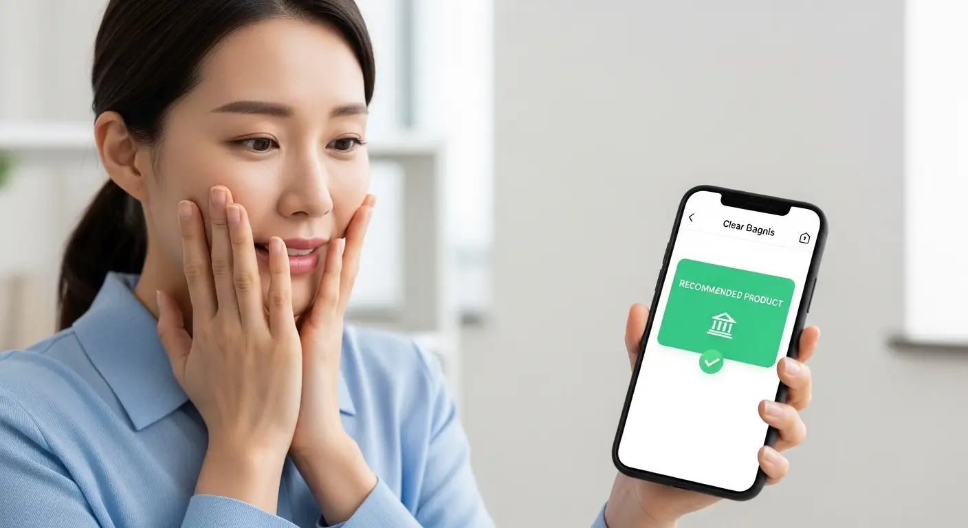 스마트폰 자가진단 테스트를 통해 자신의 조건에 맞는 정부지원 채무통합 상품을 찾고 안도하는 모습