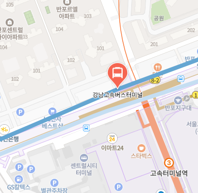 강남고속버스터미널에서 인천공항 리무진 공항버스(6020번) 지도 위치