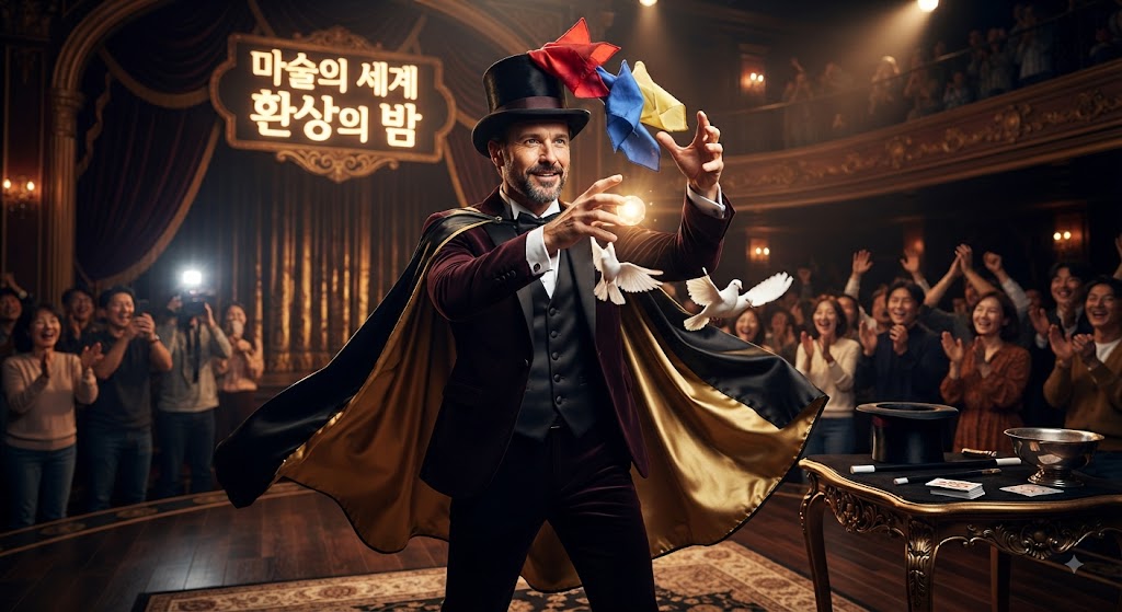 마술사가 무대 위에서 화려한 마술 공연을 펼치고 있는 모습