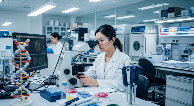 실험실에서 유전자 치료 연구 중인 과학자