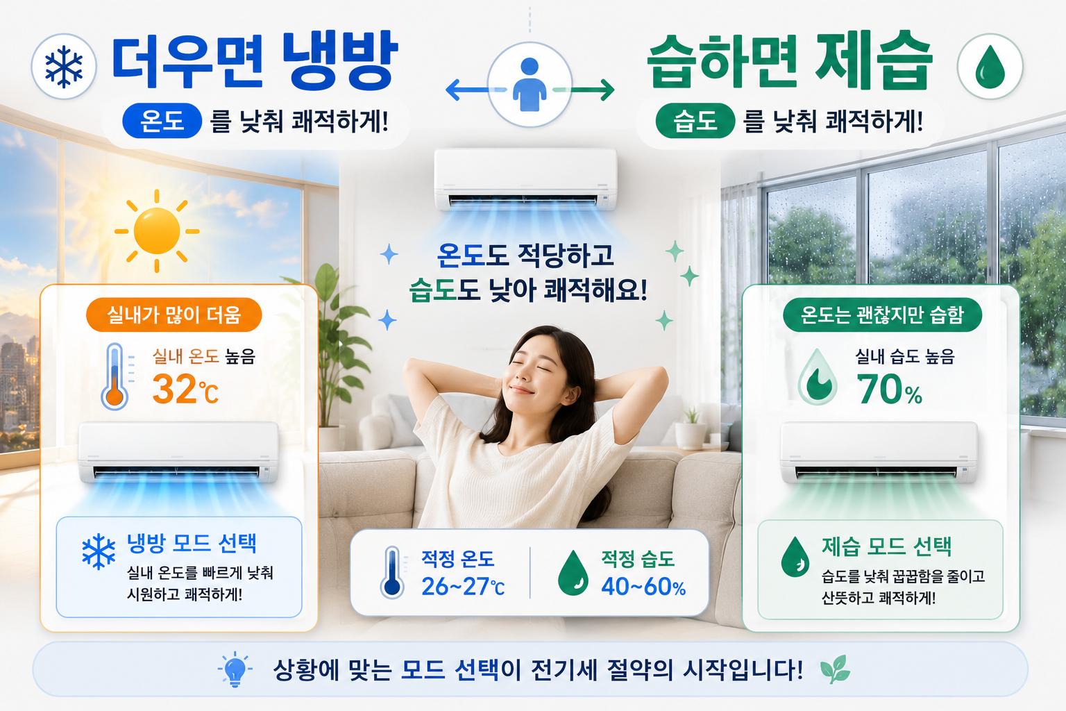 더울 때 냉방 습할 때 제습을 선택하는 에어컨 사용방법