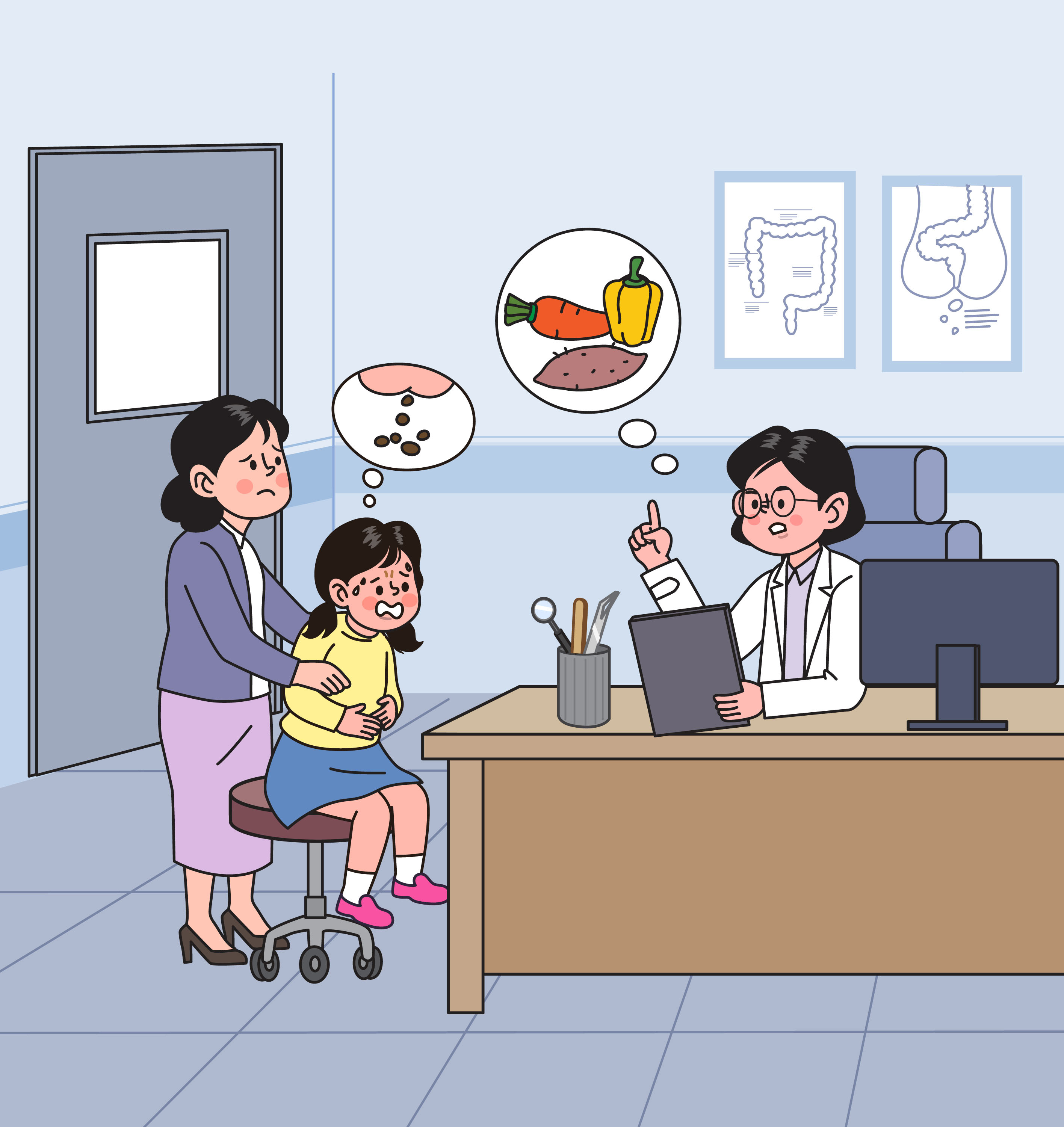 아이와 엄마가 변비때문에 병원에 가서 의사와 만나는 장면을 그린 일러스트