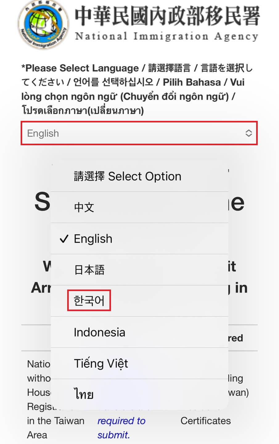 대만 온라인 입국신고서