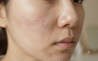 환절기 복합성 피부 상태: 볼 부위의 건조한 각질과 코 주변의 유분기가 공존하는 피부 상태를 보여주는 클로즈업 사진.