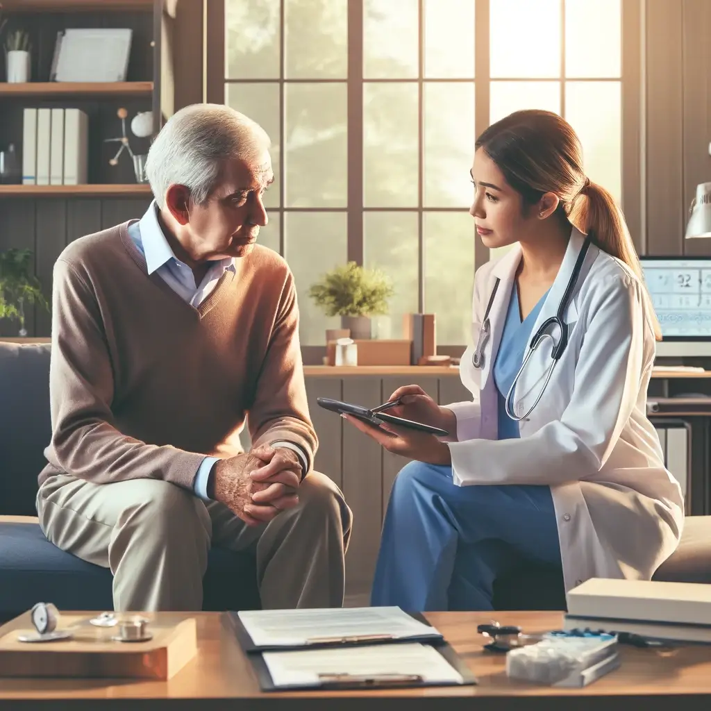 의료 서비스 제공자와 상담하는 노인