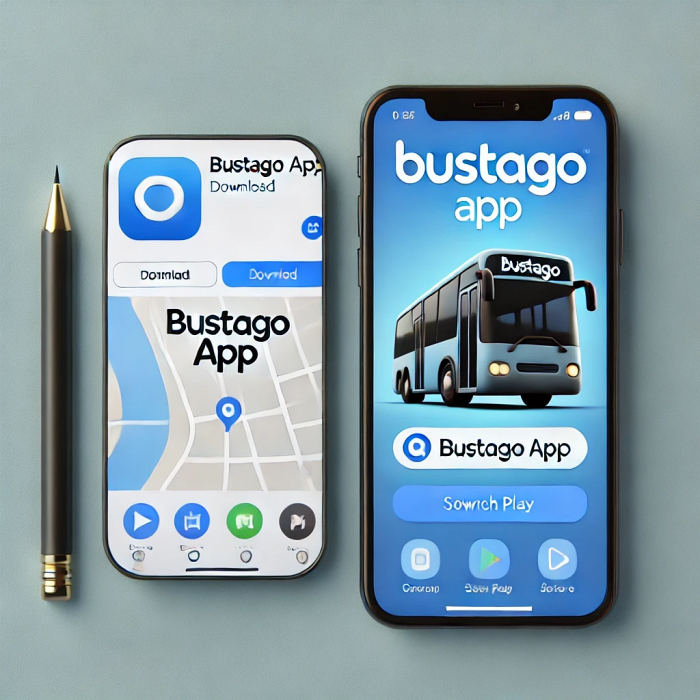 버스타고 앱 다운로드 페이지를 보여주는 스마트폰 화면 (Google Play 및 App Store)