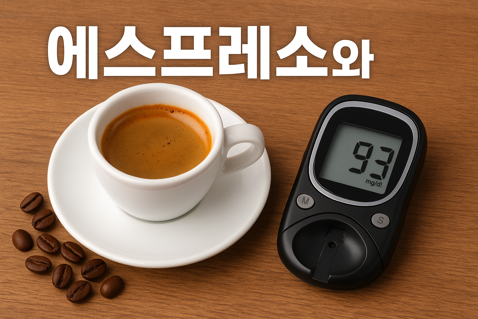 나무 테이블 위에 흰색 에스프레소 잔과 받침이 놓여 있고, 옆에는 혈당 측정기가 93mg/dL 수치를 표시하고 있으며, 상단에는 '에스프레소와'라는 한글 텍스트가 적힌 이미지