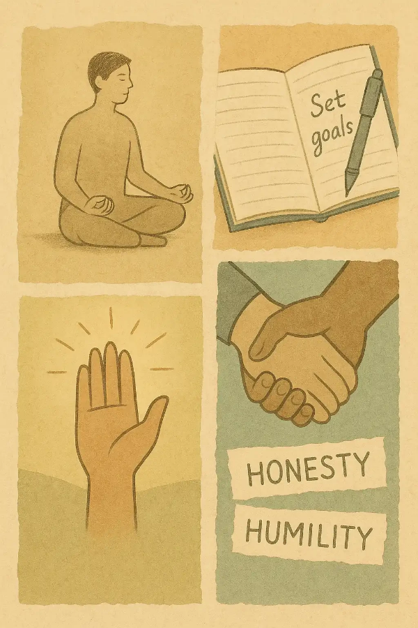 감사, 정직, 겸손, 명상을 주제로 구성된 빈티지 콜라주 일러스트
