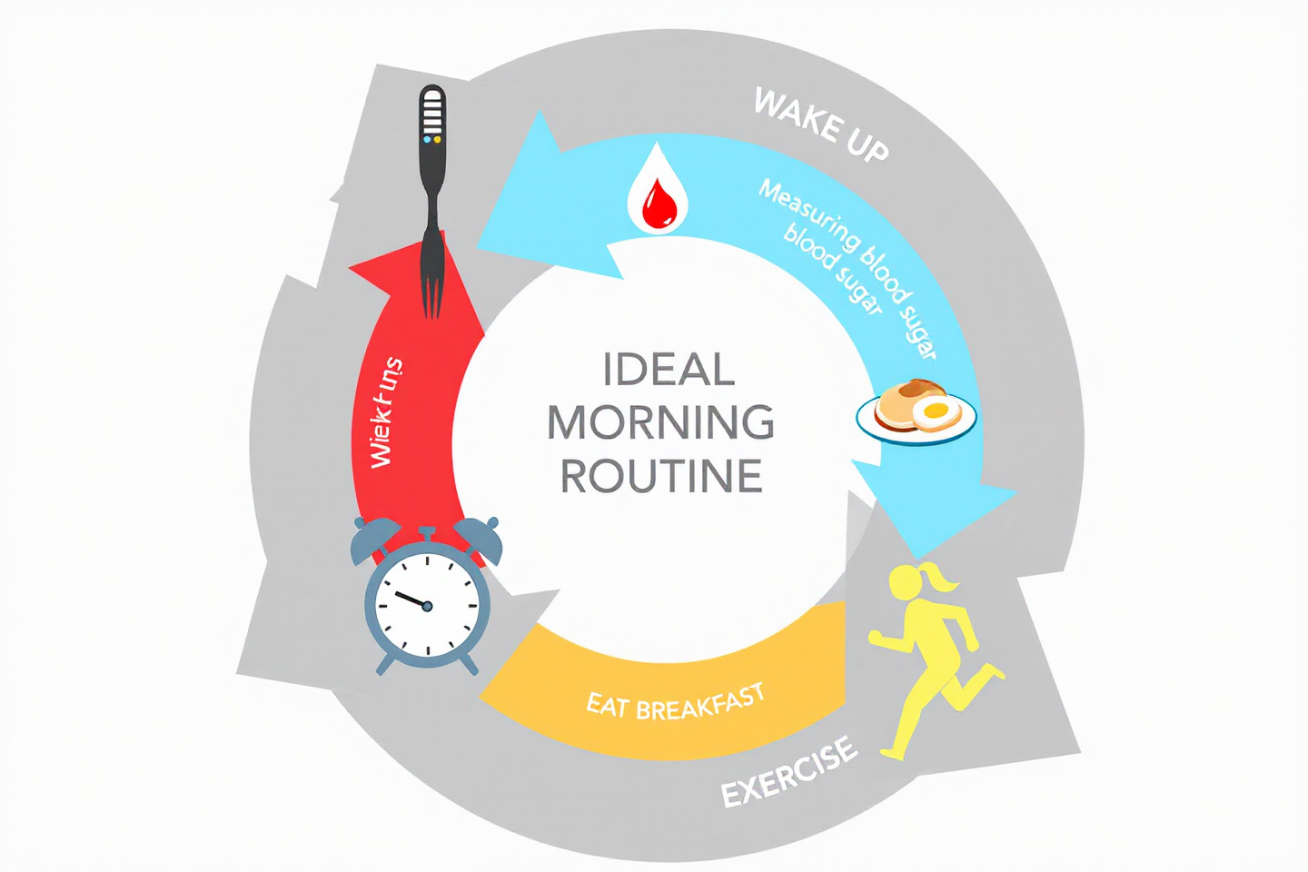 당뇨 환자의 이상적인 아침 루틴을 시간대별로 정리한 일러스트: 기상, 혈당 측정, 식사, 운동 등&quot;