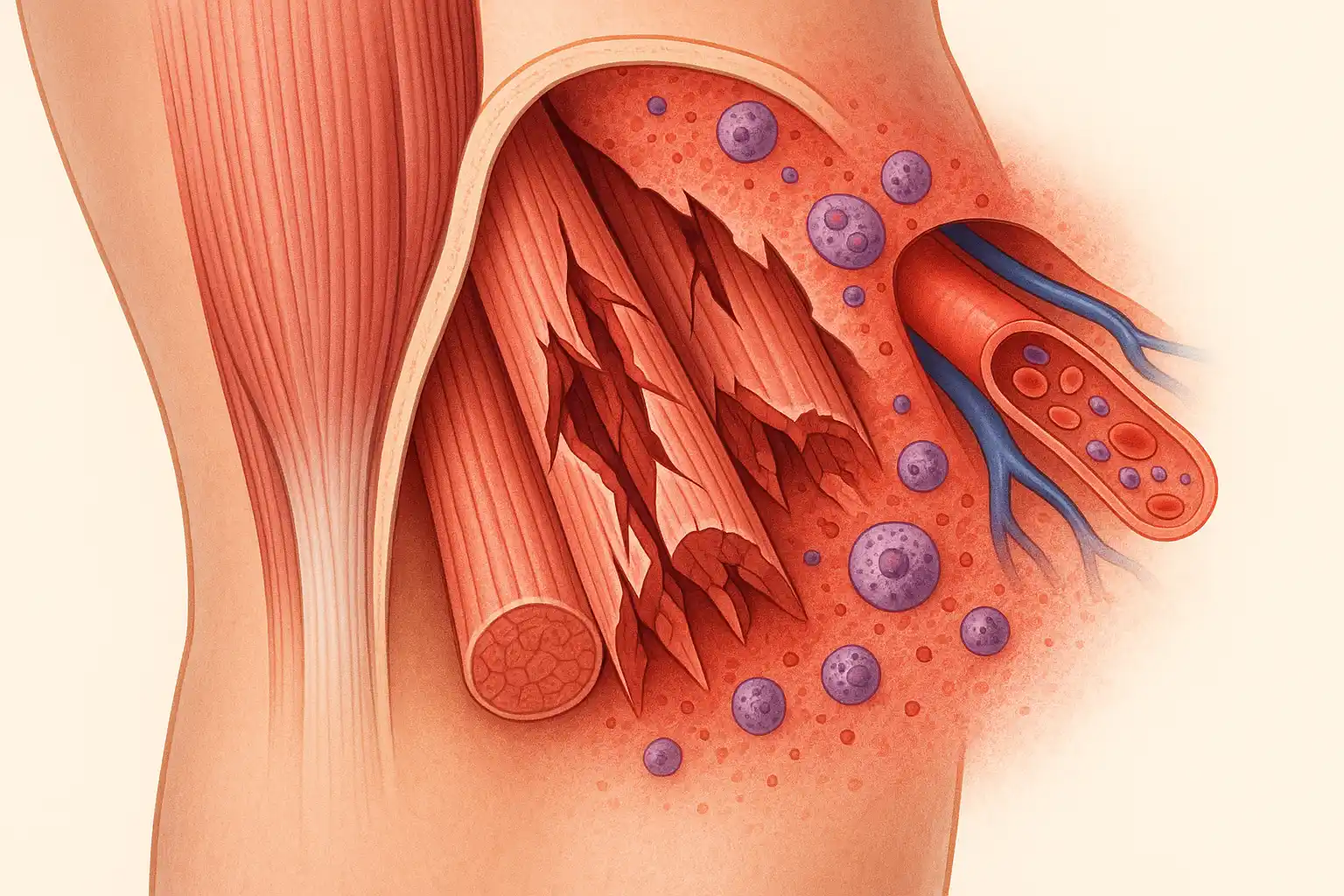 근육 섬유에 미세 손상이 발생하고 염증 반응이 동반된 모습